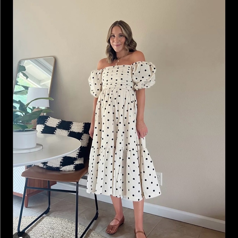 Abercrombie and Fitch Emerson Puff Sleeve Midi Dress - White with Black Dots SP - Picture 2 of 4